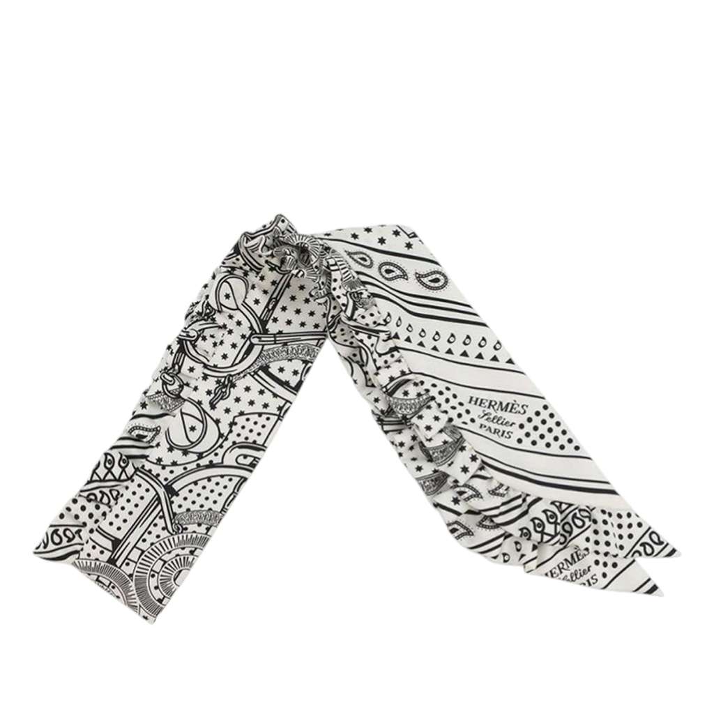 Hermès Eperon d'Or Bandana Ruffled Silk Twilly Scarf White Silk Good condition - Inside View