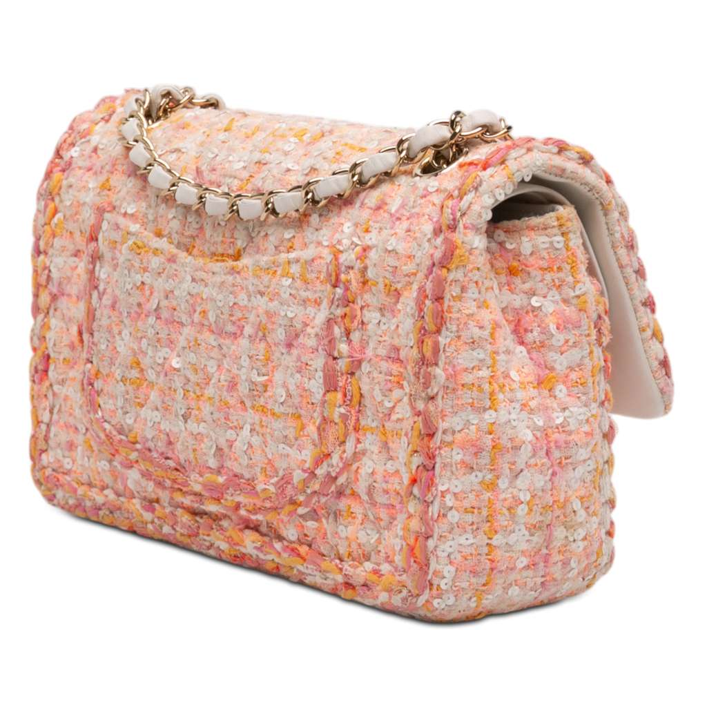 Chanel Medium Classic Tweed Sequin Braided Double Flap Orange Tweed Good condition - Back View