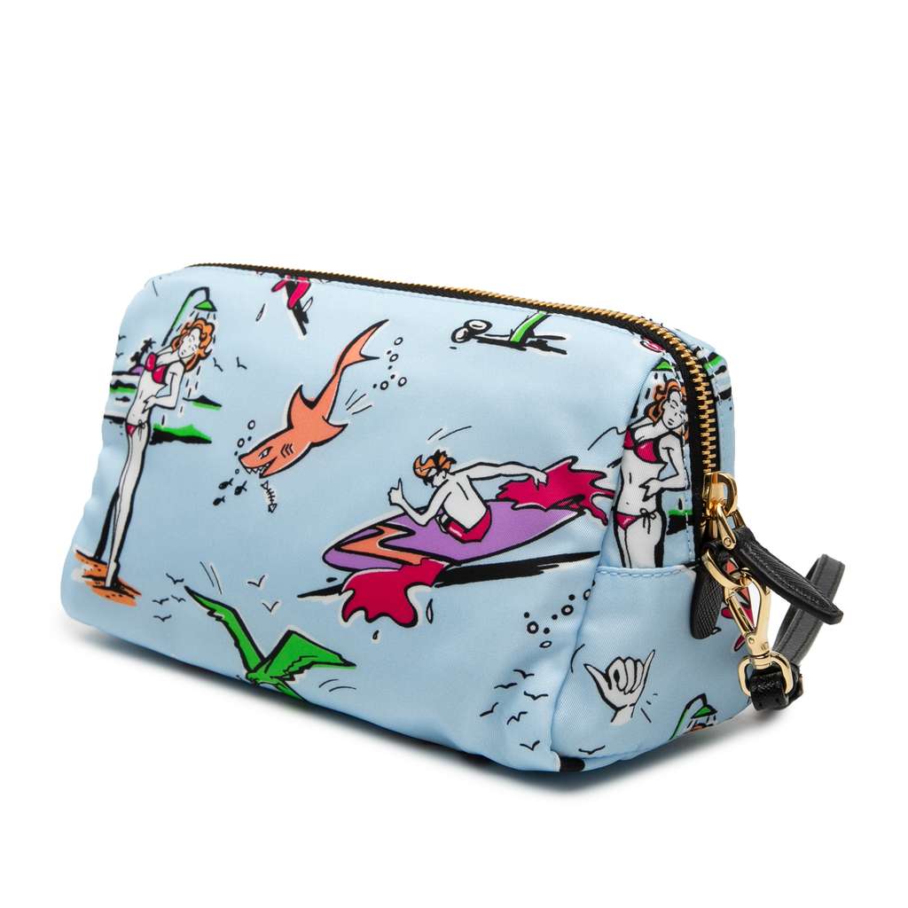 Prada Tessuto Stampato Surf Cosmetic Pouch Blue Good condition - Back View