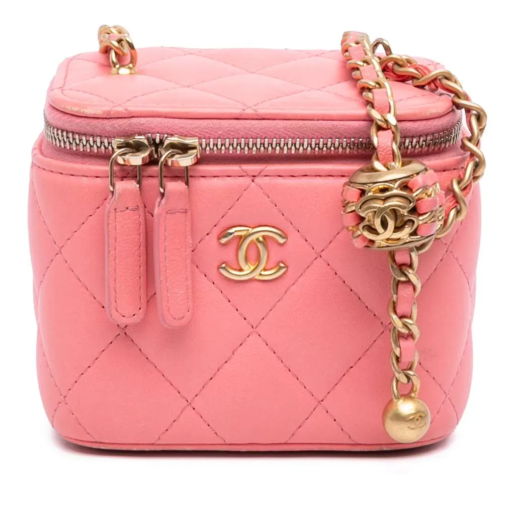 Chanel Mini Quilted Lambskin Pearl Crush Vanity Case With Chain Pink Leather Very good - Front View