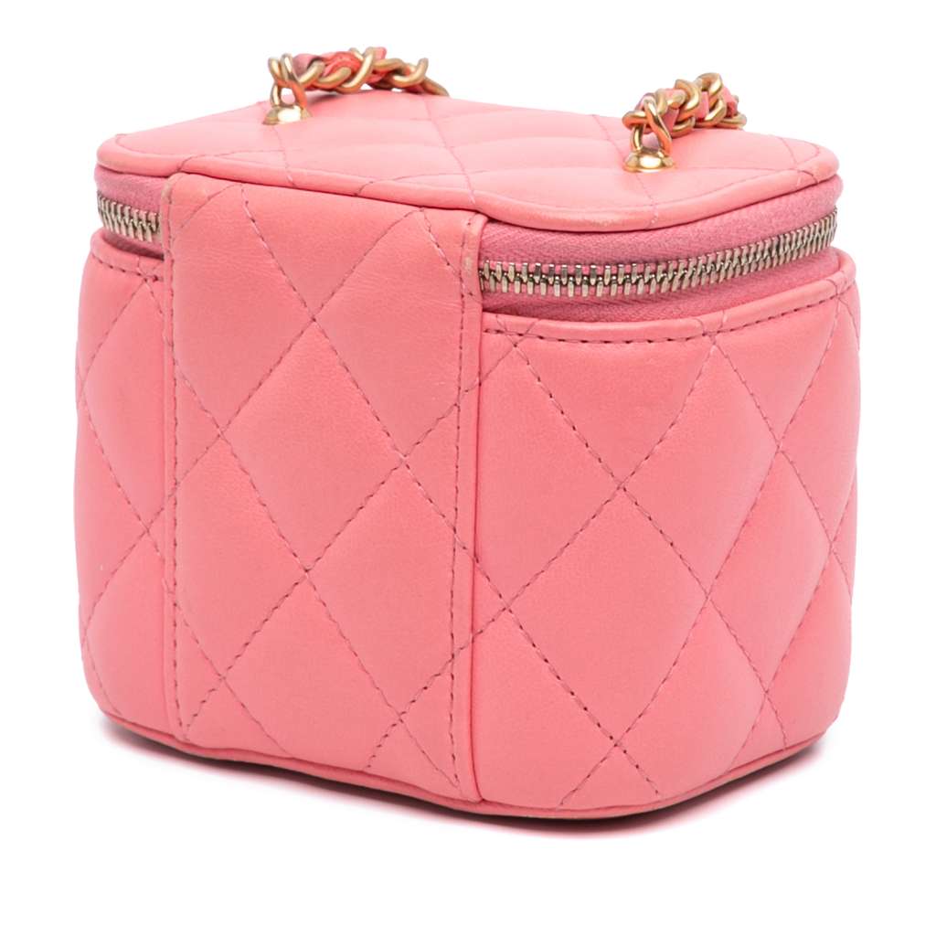 Chanel Mini Quilted Lambskin Pearl Crush Vanity Case With Chain Pink Leather Good condition - Back View