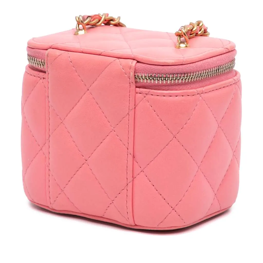Chanel Mini Quilted Lambskin Pearl Crush Vanity Case With Chain Pink Leather Very good - Back View