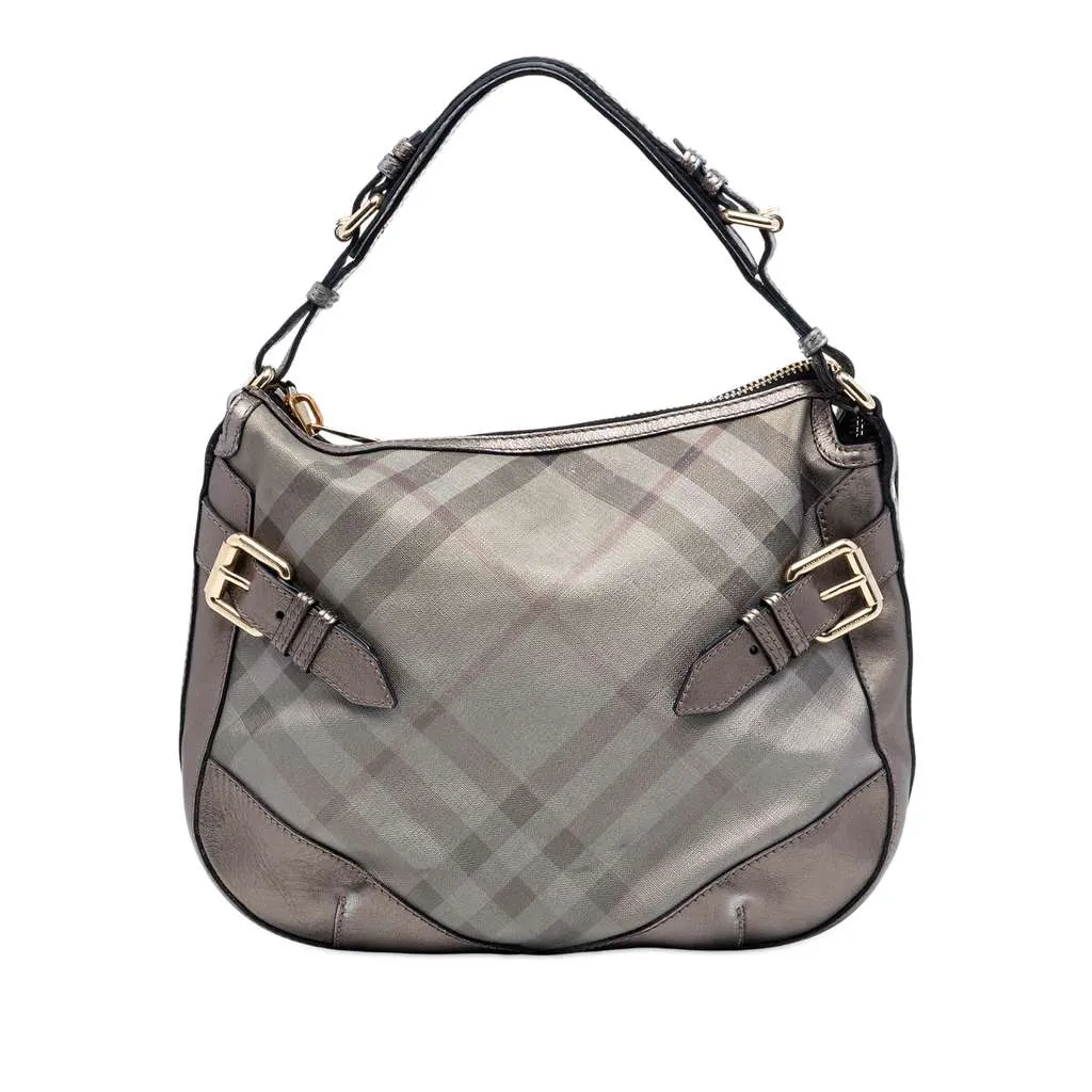 Burberry Supernova Check Coated Canvas and Metallic Leather Shoulder Bag Grey Canvas Very good - Front View