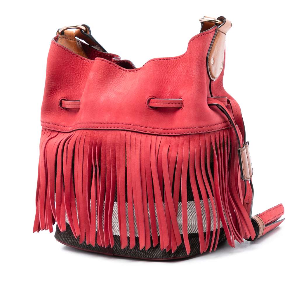 Burberry Small Mega Check Canvas and Suede Fringe Belgrove Bucket Bag Red Leather Good condition - Back View