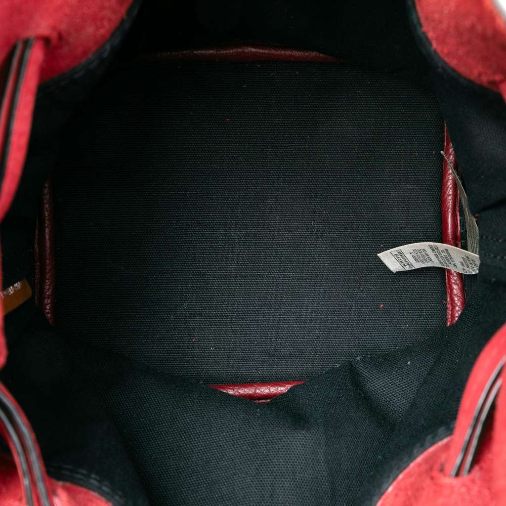 Burberry Small Mega Check Canvas and Suede Fringe Belgrove Bucket Bag Red Leather Good condition - Model View