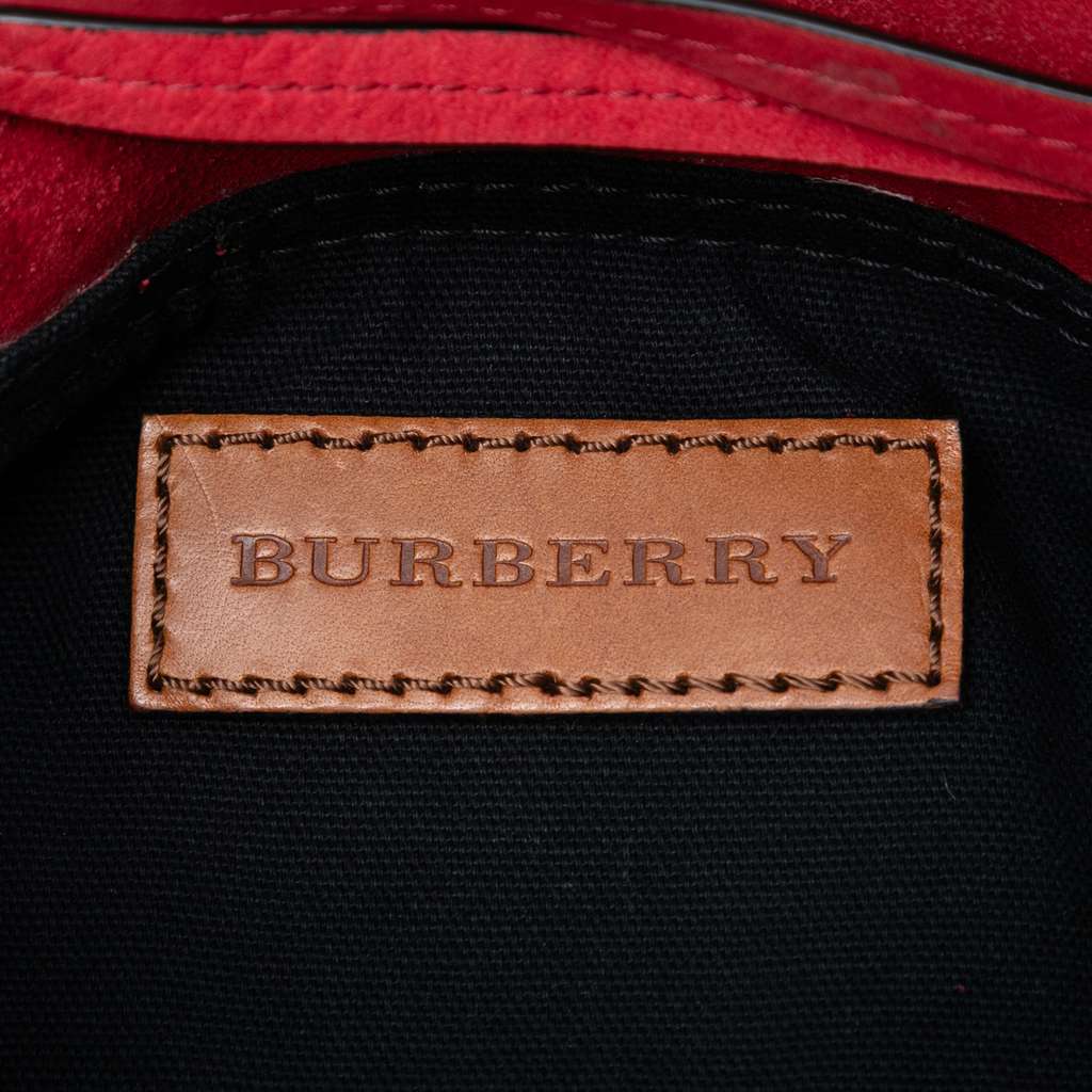 Burberry Small Mega Check Canvas and Suede Fringe Belgrove Bucket Bag Red Leather Good condition - Box View