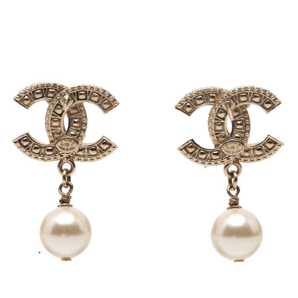 Chanel CC Gold Plated Faux Pearl and Strass Drop Earrings Gold Metal Good condition - Back View