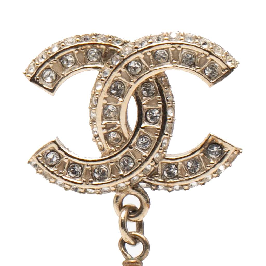 Chanel CC Gold Plated Faux Pearl and Strass Drop Earrings Gold Metal Good condition - Inside View