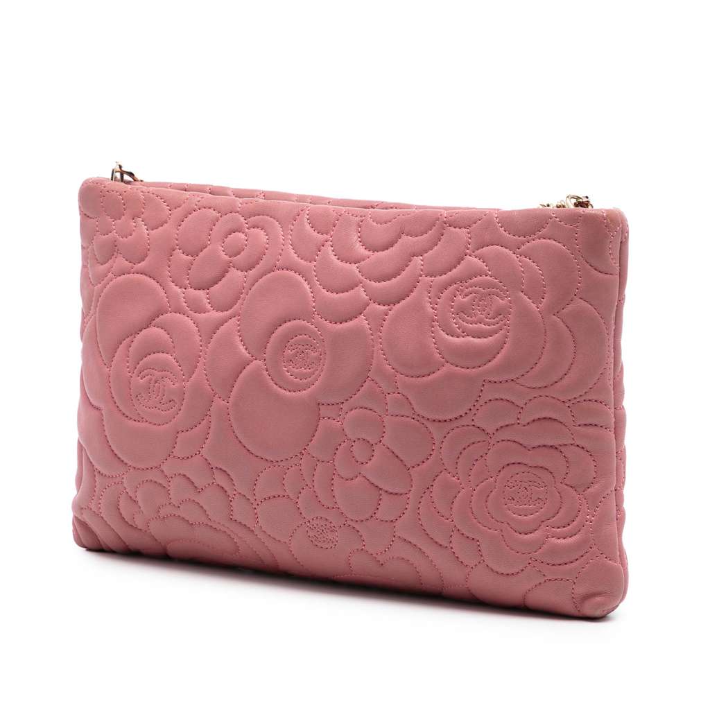 Chanel Embossed Lambskin Camellia Chain Pochette Pink Leather Good condition - Back View