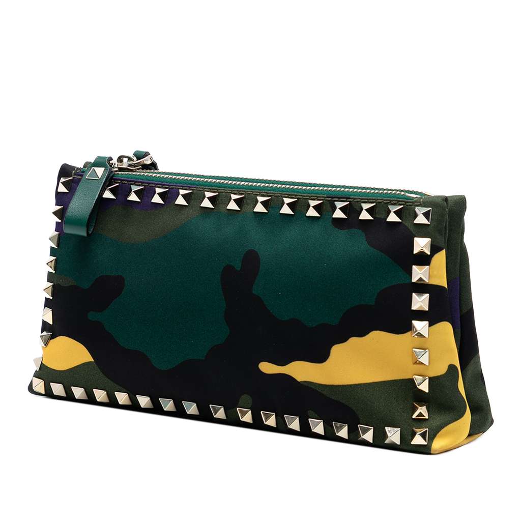 Valentino Nylon Rockstud Camouflage Double Zip Clutch Green Good condition - Back View
