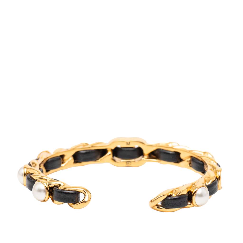 Chanel Gold Plated Leather Woven in Chain Faux Pearl CC Turnlock Cuff Bracelet Gold Metal Good condition - Inside View