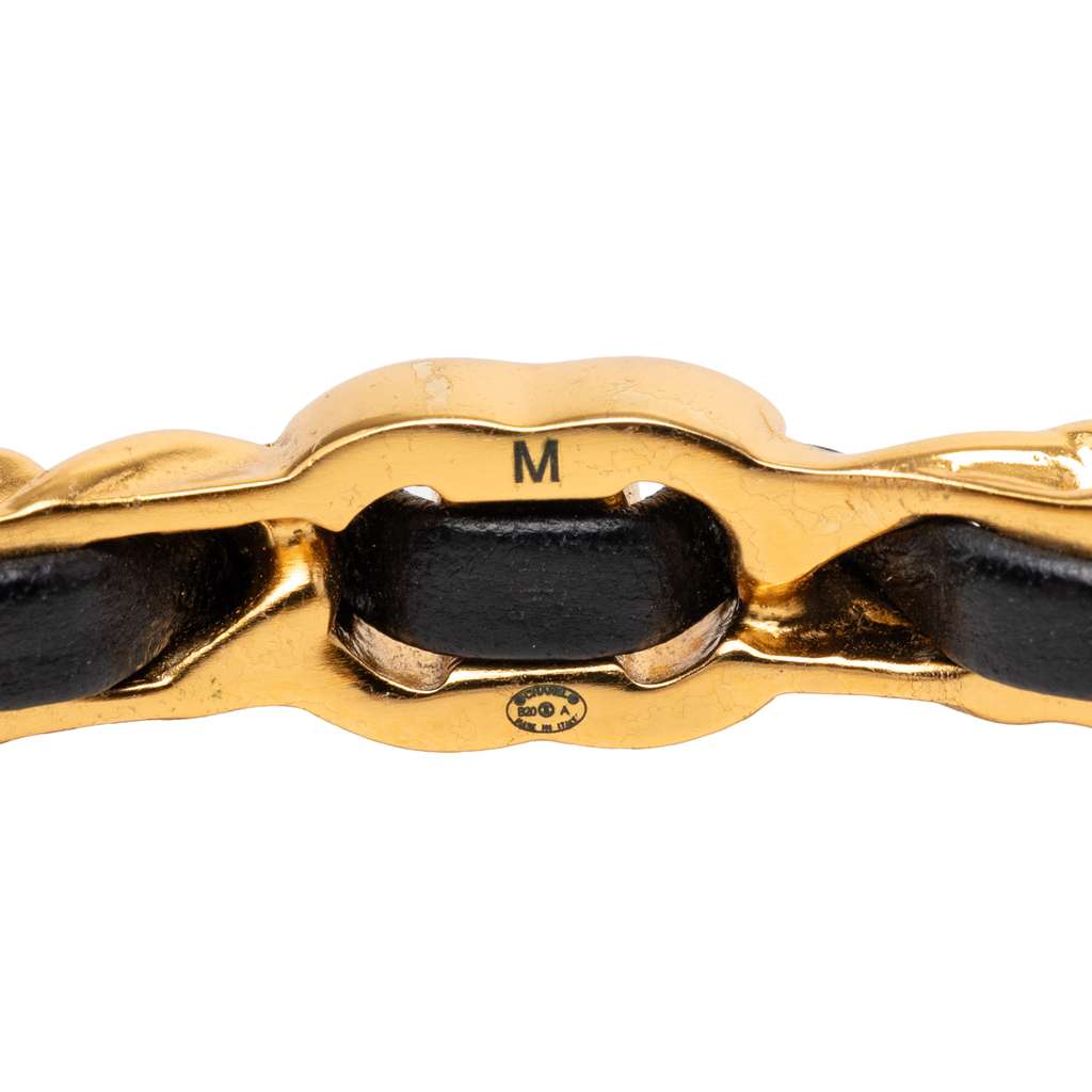 Chanel Gold Plated Leather Woven in Chain Faux Pearl CC Turnlock Cuff Bracelet Gold Metal Good condition - Model View