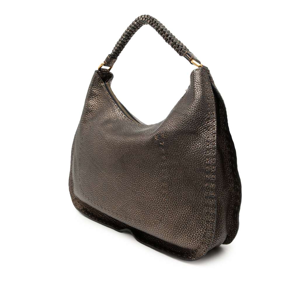 Fendi Metallic Pebbled Leather Selleria Shoulder Bag Brown Leather Good condition - Back View