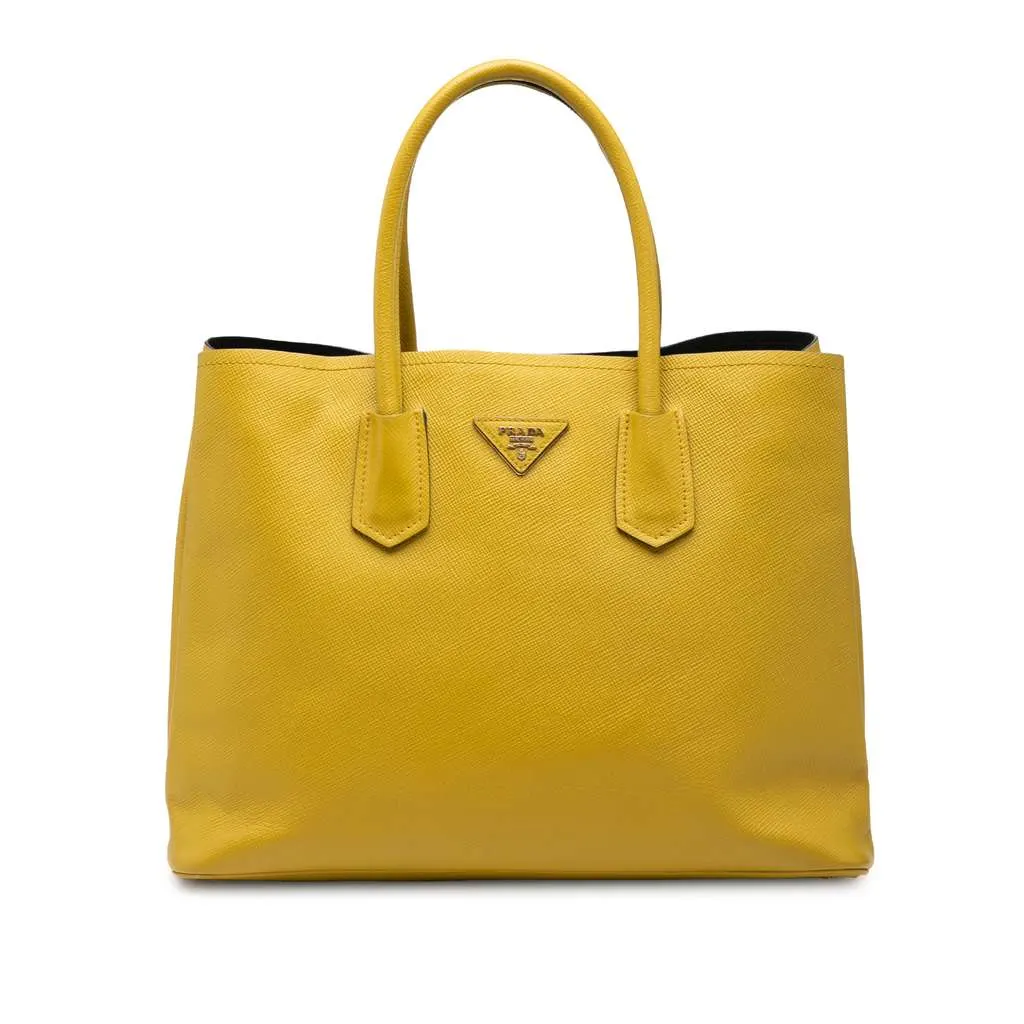 Prada Medium Saffiano Cuir Double Satchel Yellow Leather Good - Front View