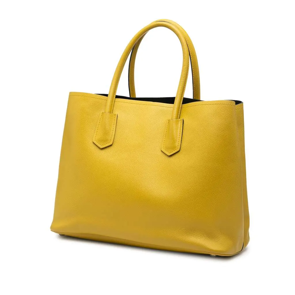 Prada Medium Saffiano Cuir Double Satchel Yellow Leather Good - Back View
