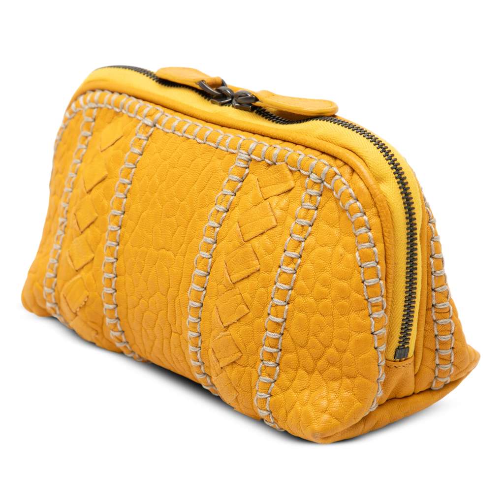 Bottega Veneta Embossed Leather Stitched Cosmetic Pouch Yellow Leather Good condition - Back View