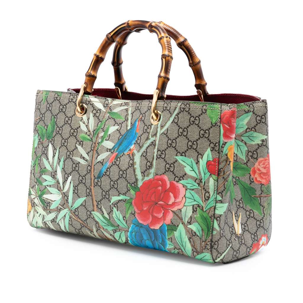 Gucci Medium GG Supreme Tian Bamboo Shopper Satchel Brown Canvas Good condition - Back View