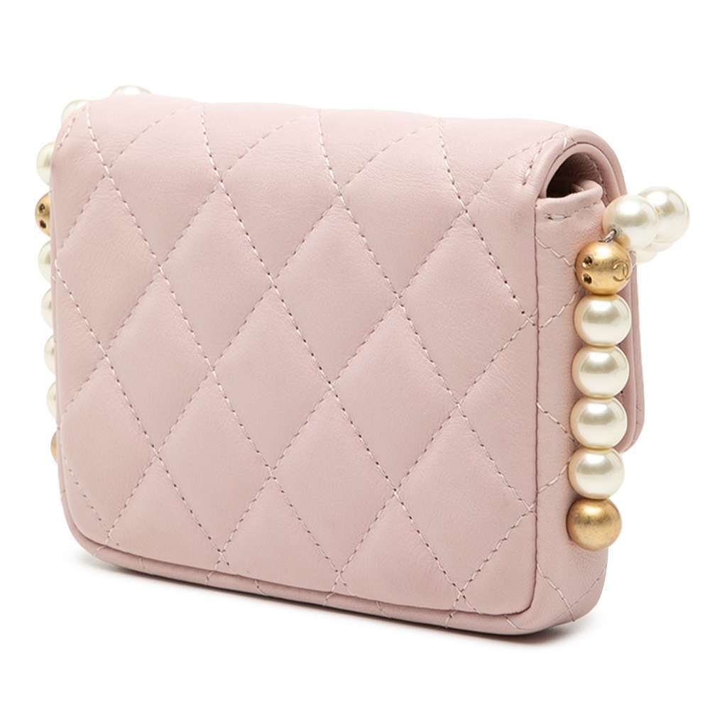 Chanel Quilted Lambskin About Pearls Card Holder On Chain Pink Leather Good condition - Back View