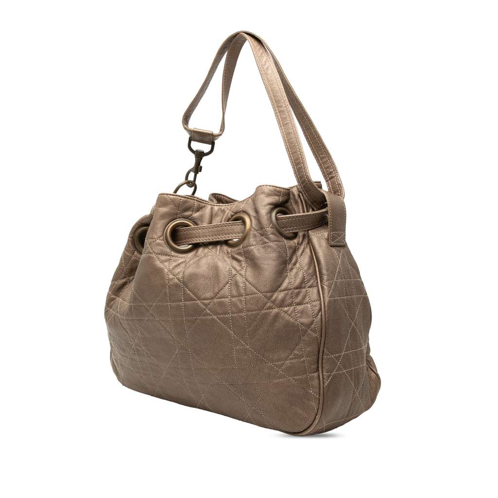 Dior Lambskin Cannage Drawstring Hobo Brown Leather Good condition - Back View