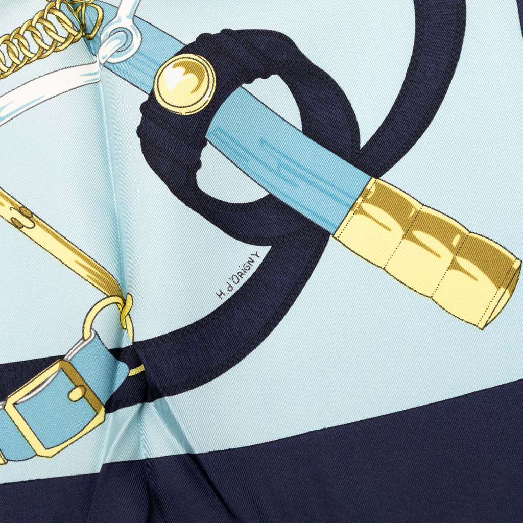 Hermès Eperon D Or Silk Scarf 90 Blue Silk Good condition - Box View