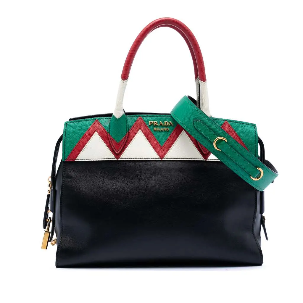 Prada Medium Saffiano Trimmed City Calf Greca Esplanade Satchel Black Leather Very good - Front View