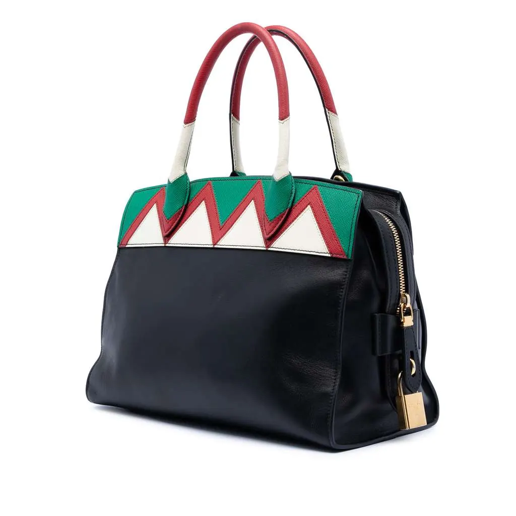 Prada Medium Saffiano Trimmed City Calf Greca Esplanade Satchel Black Leather Very good - Back View