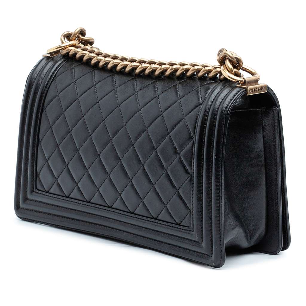 Chanel Old Medium Quilted Lambskin Boy Flap Black Leather Good condition - Back View