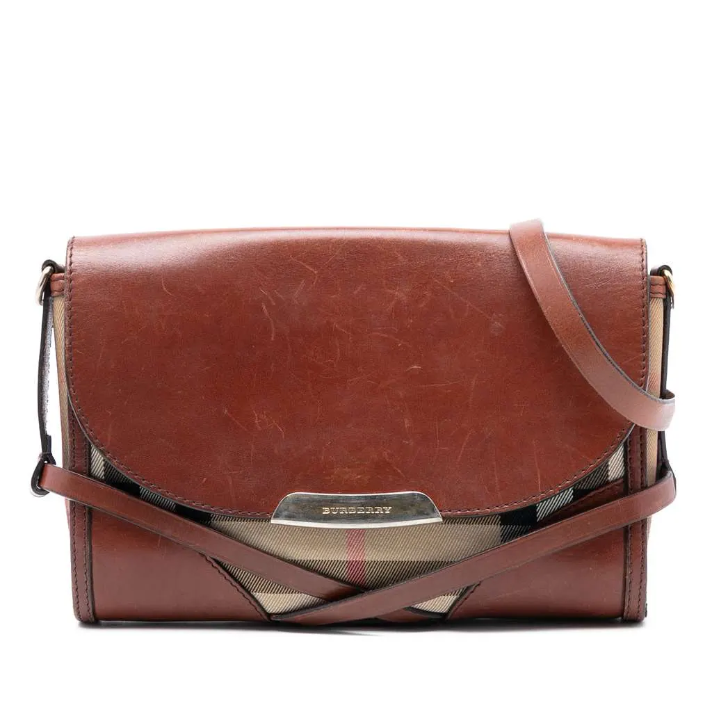 Burberry Leather and House Check Canvas Bridle Abbott Crossbody Brown Leather Very good - Front View