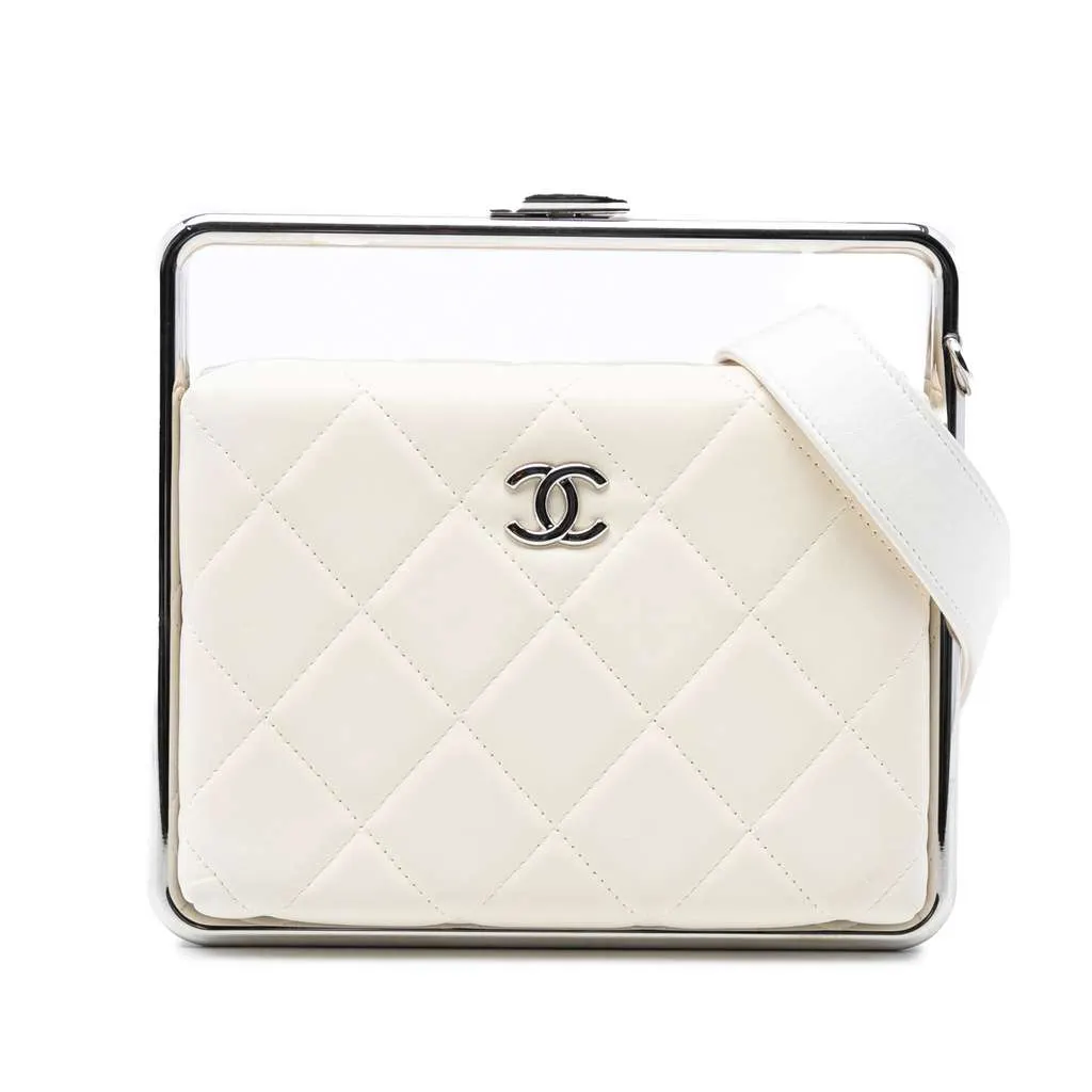 Chanel Quilted Lambskin Metal Bar Convertible Clutch White Leather Very good - Front View