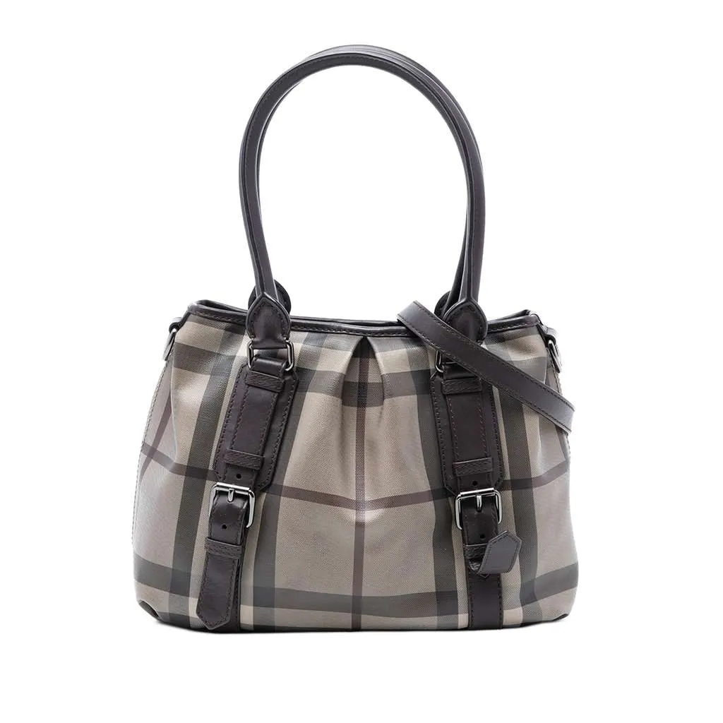 Burberry Small Smoke Check Coated Canvas Northfield Satchel Brown Canvas Good - Front View