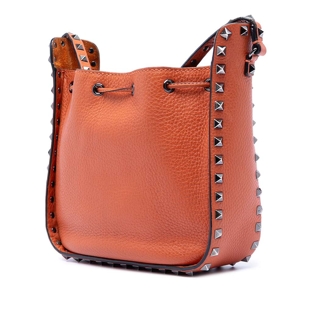 Valentino Grained Calfskin Rockstud Bucket Bag Brown Leather Good condition - Back View