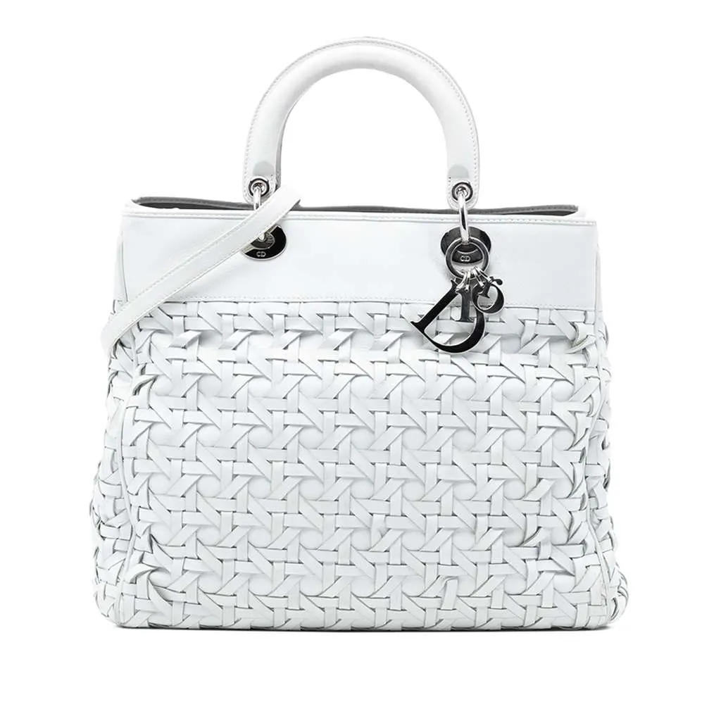 Dior Woven Lambskin Lady Dior Avenue Tote White Leather Good - Front View