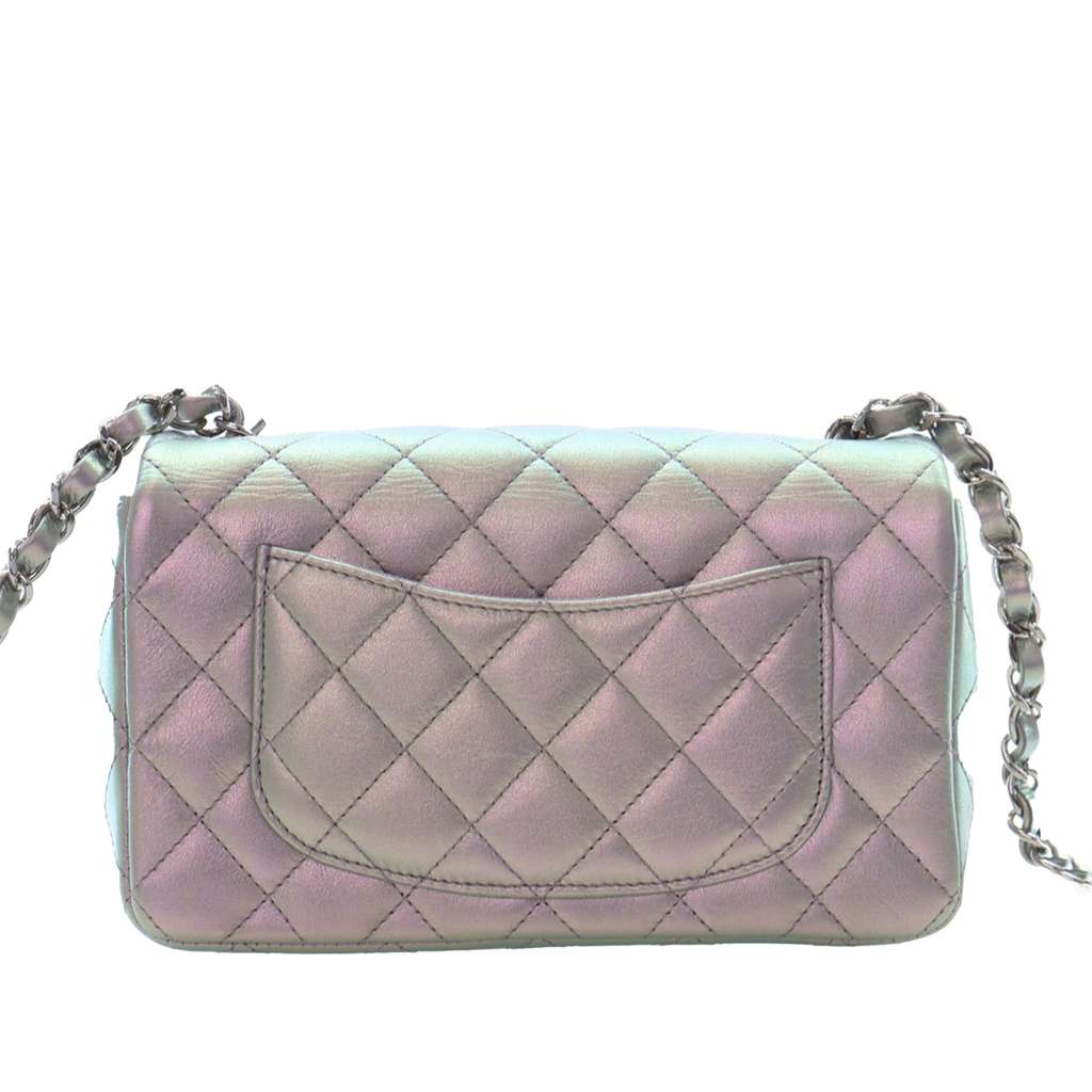 Chanel Mini Rectangular Classic Iridescent Calfskin Single Flap Silver Leather Good condition - Back View