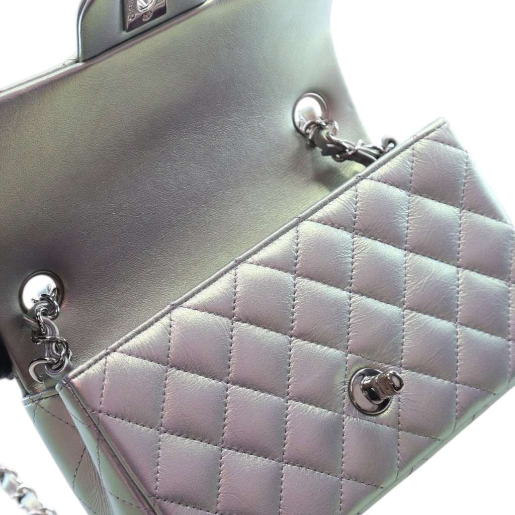Chanel Mini Rectangular Classic Iridescent Calfskin Single Flap Silver Leather Good condition - Model View