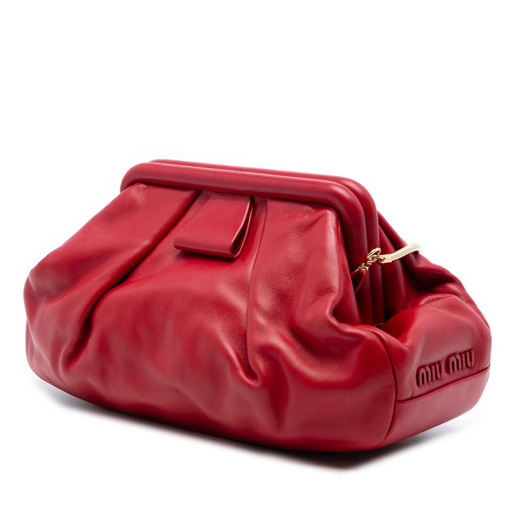 Miu Miu Pleated Nappa Soft Frame Clutch with Chain Red Leather Good condition - Back View