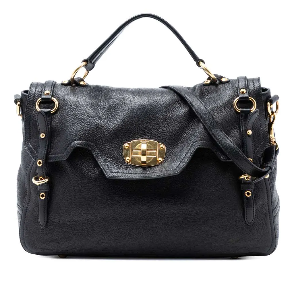 Miu Miu Cervo Deerskin Paloma Top Handle Bag Black Leather Good - Front View