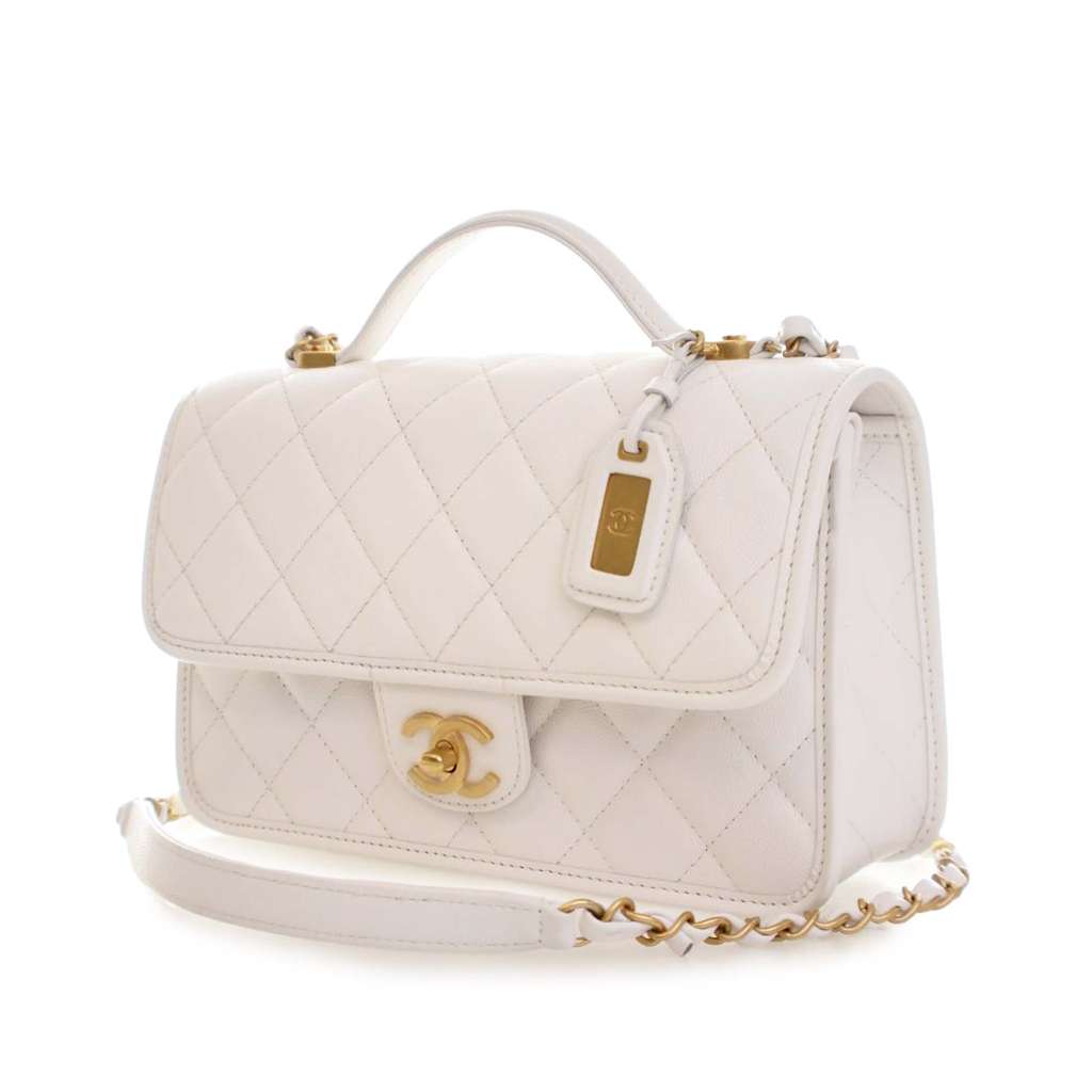 Chanel Medium Quilted Caviar School Memory Top Handle Flap White Leather Good condition - Back View