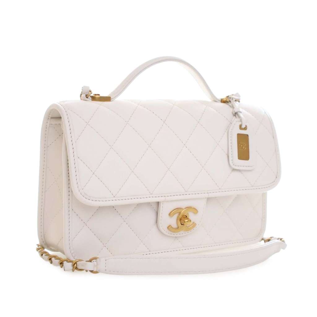 Chanel Medium Quilted Caviar School Memory Top Handle Flap White Leather Good condition - Inside View