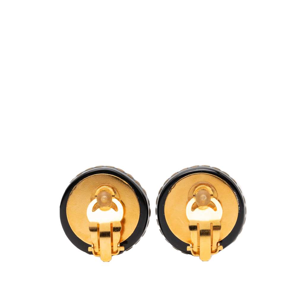 Chanel CC Resin and Crystal Round Clip On Earrings Black Good condition - Back View