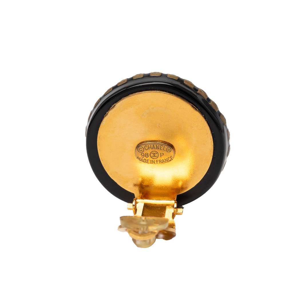 Chanel CC Resin and Crystal Round Clip On Earrings Black Good condition - Inside View