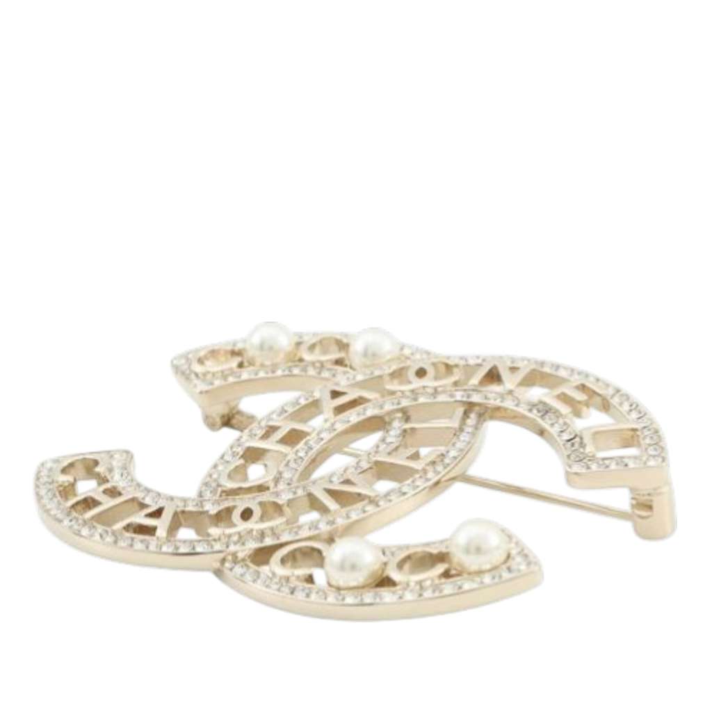 Chanel CC Gold Plated Rhinestone Faux Pearl Coco Chanel Brooch Gold Metal Good condition - Inside View