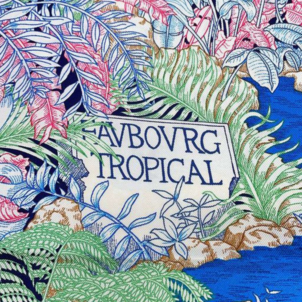 Hermès Faubourg Tropical Silk Scarf 90 Blue Silk Very good condition - Back View