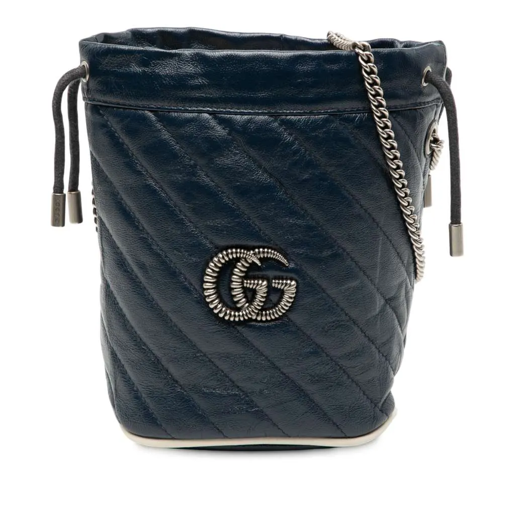 Gucci Mini GG Marmont Matelasse Diagonal Leather Torchon Bucket Bag Blue Leather Very good - Front View