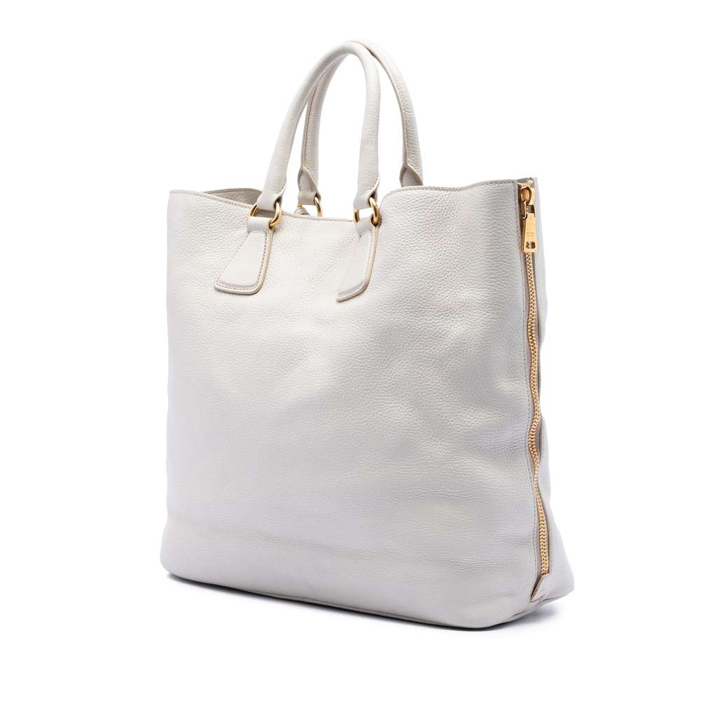 Prada Vitello Daino Side Zip Open Convertible Tote White Leather Good condition - Back View