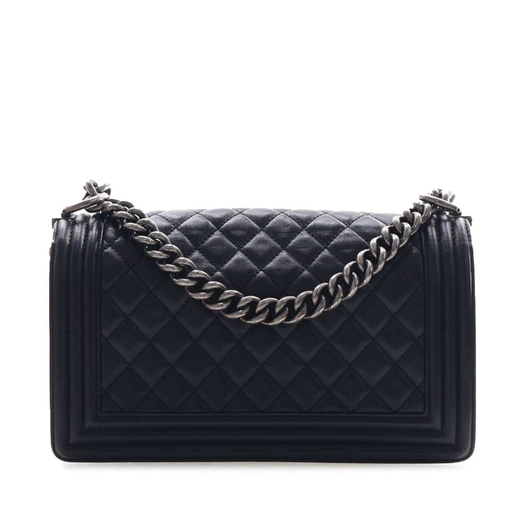 Chanel Old Medium Quilted Lambskin Boy Flap Black Leather Good condition - Back View