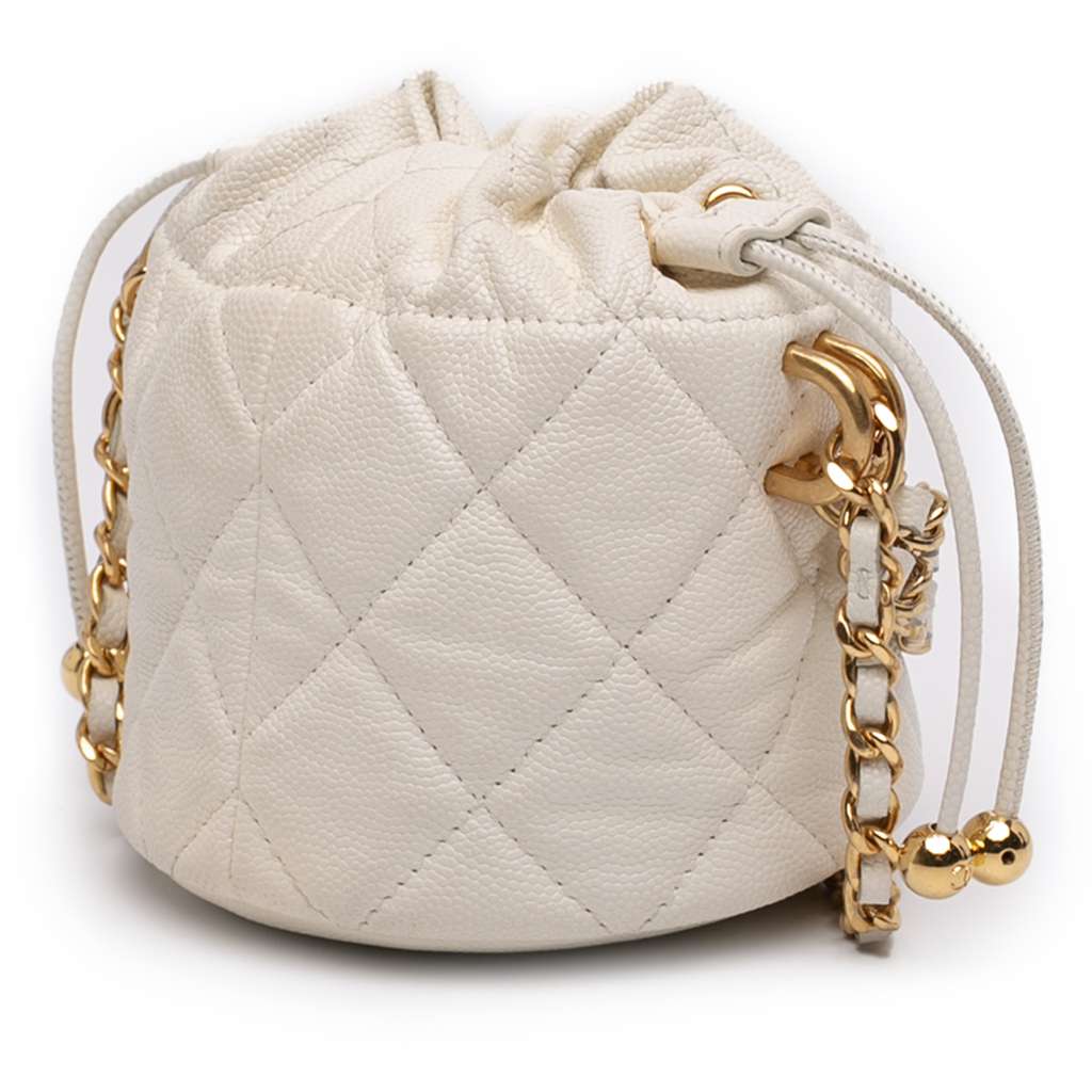 Chanel Mini Quilted Caviar Twist Your Buttons Drawstring Bucket Bag White Leather Good condition - Back View