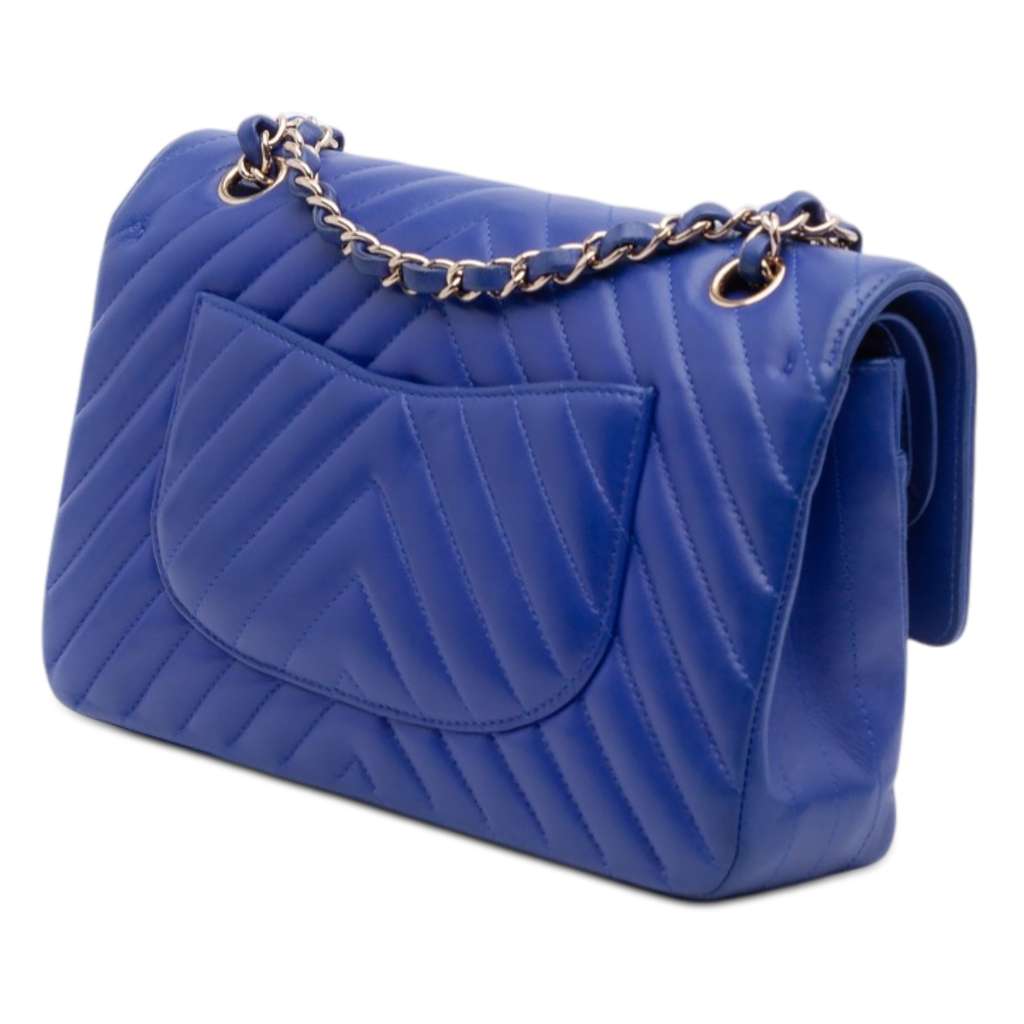 Chanel Medium Classic Chevron Lambskin Double Flap Blue Leather Good condition - Back View