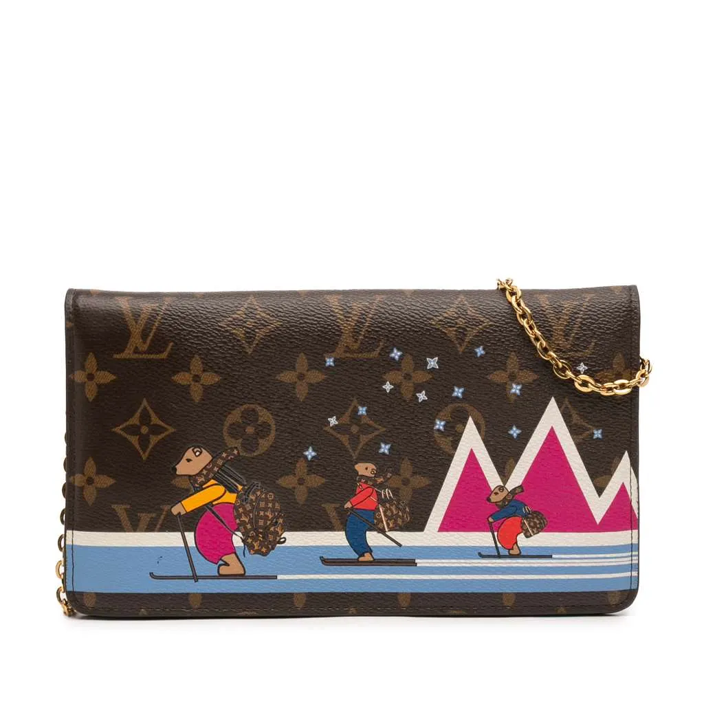 Louis Vuitton Monogram Christmas Animation Bears on Skis Pochette Weekend Chain Wallet Brown Very good - Front View