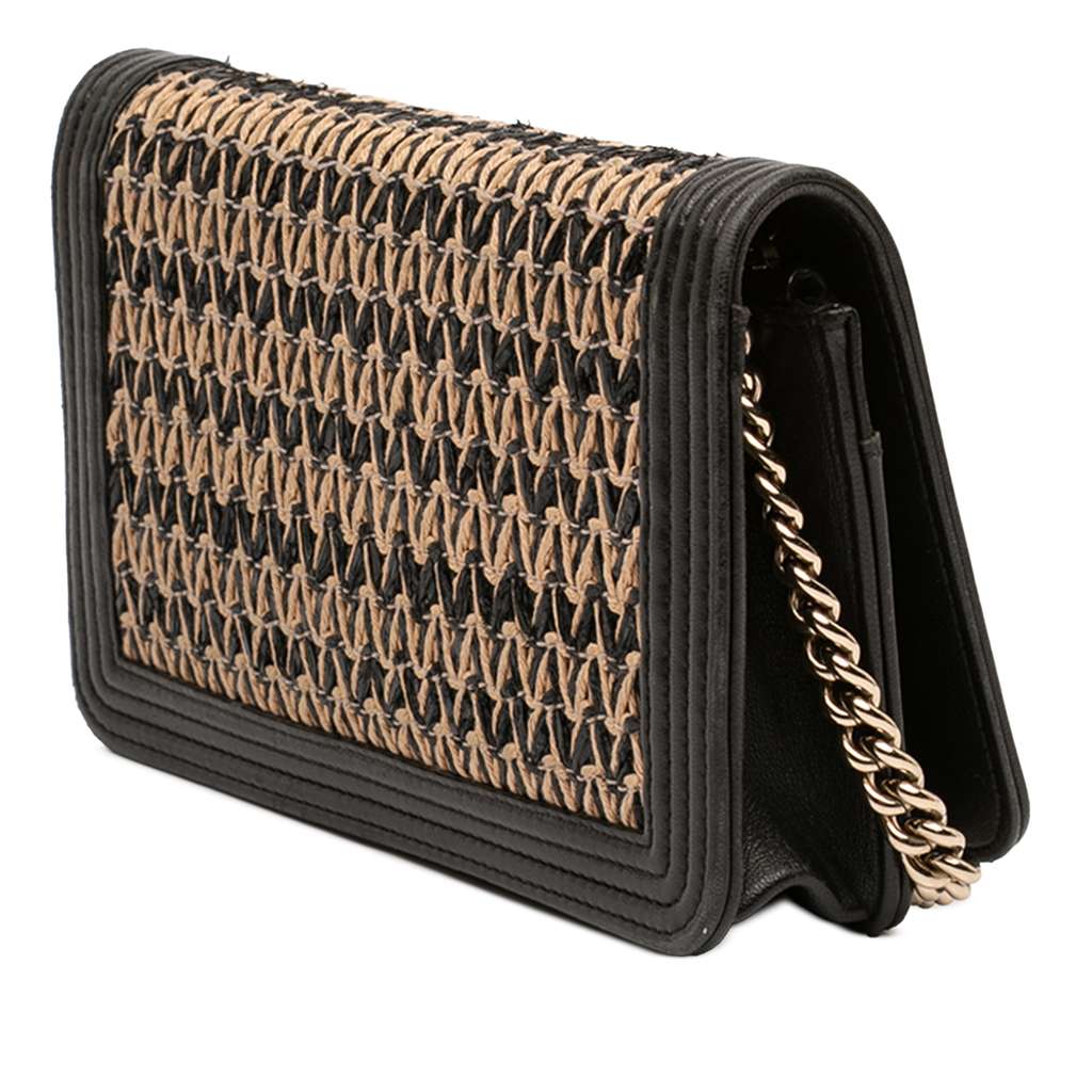 Chanel Lambskin and Woven Raffia Boy Wallet on Chain Black Leather Good condition - Back View