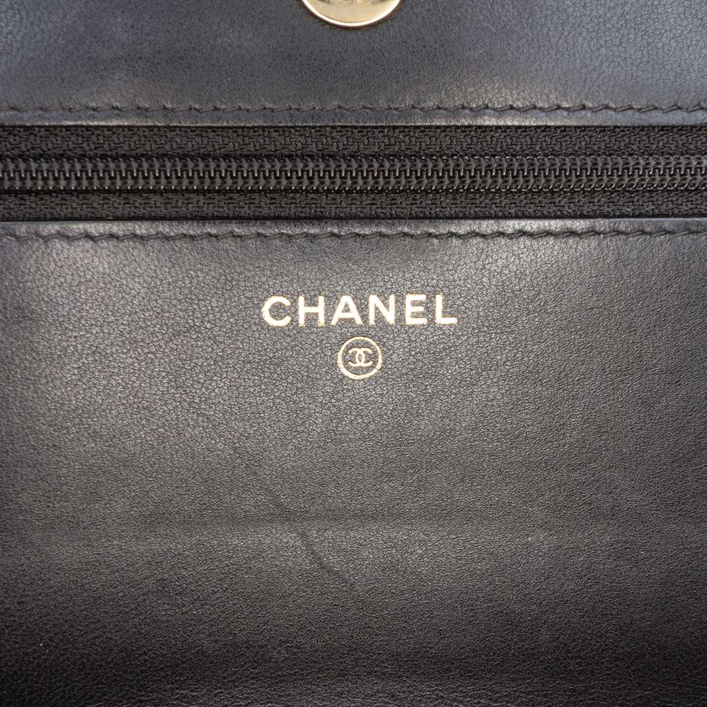 Chanel Lambskin and Woven Raffia Boy Wallet on Chain Black Leather Good condition - Box View